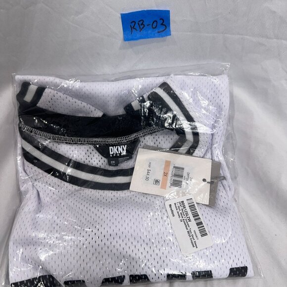 DKNY Womens Summer T Shirt Top Basketball Cropped Mesh Muscle Jersey White 2X - Picture 2 of 2